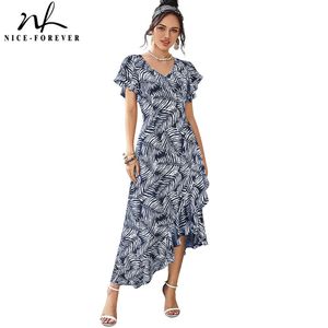 Nice-Forever Summer Women Vintage Bono med Ruffle Sleeve Klänningar Casual Beach Flare Maxi Long Dress 2BTYA156 210419