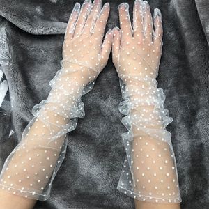 New 1 Pair Women Short Tulle Gloves 60cm Stretchy Lace Spots Full Finger Mittens Mesh Semi Sheer Gloves Bride Wedding Gloves