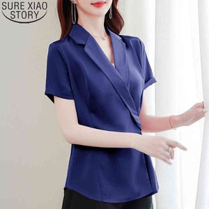 Satin Shirts Women Suit Collar European OL Style Fashion V-neck Short Sleeve Office Lady Solid Plus Size Cardigan Tops 9920 210417