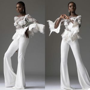 2 Sztuk Bridal Prom Dresses Custom Made Long Rękaw See Thru 3D Kwiat Aplikacje Formalna Party Dress Women Pant Garnitury