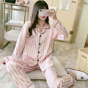 Silk PJs för Kvinnors Satin Pajama Pajama Set Långärmad Casual Sleepwear Nightwear Bekväm Lyxig Stripe Loungewear Suit X0526