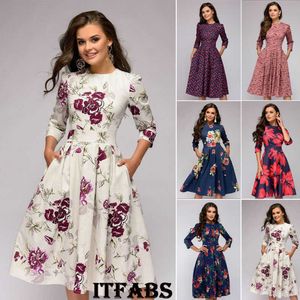 Hirigin Women Retro Tunic 3/4 Long Sleeved Floral Print Bodycon Dresses Vintage Dress Elegant Ladies Dress Party Dress X0705