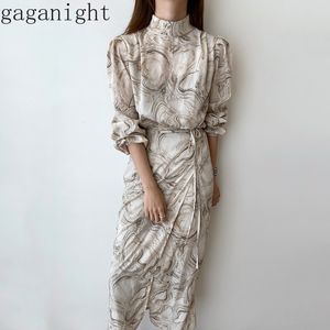 Gaganight Vintage Eleganckie Kobiety Maxi Party Dress Z Długim Rękawem Kwitnący Streszczenie Wzór Slim Split Dresses Wiosna Letnie Vestidos 210519