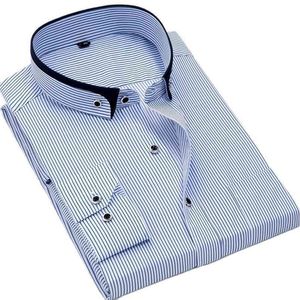 8XL Standı Yaka Çizgili Gömlek Slim Fit Demir Olmayan Iş Erkekler Elbise Uzun Kollu Sosyal Erkek Ön Cep Kolay Bakım Tops 210721