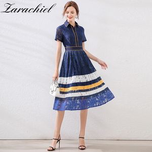 Lato Vintage Navy Blue Women Elegancki Slim Krótki Rękaw Hollow Out Patchwork Paski Koronki Kobiet Midi Plised Dress 210416