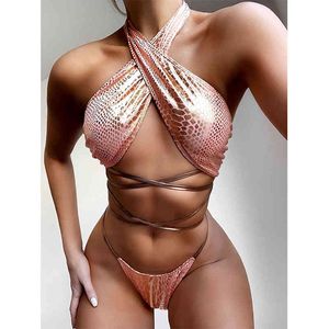 Sexig Cross Bikini Kvinnor Baddräkt Halter Push Up Badkläder Bandage Set Brazilian Badräkt Beachwear Swimming 210521