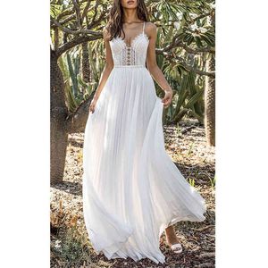 Lato Boho Kobiety Białe Koronki Maxi Szyfonowa Długość podłogi Sexy Backless Long Tunic Plażowa Dress 210415