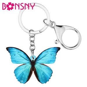 Bonsny Acrylic Blue Morpho Butterflyキーチェーンキーリング動物キーチェーンジュエリー女性のための女の子の女性のファッションバッグ車のアクセサリー