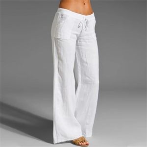 Pantaloni in lino di cotone da donna Harem a vita alta Pantaloni larghi in vita elastica morbida bianca Pantaloni casual blu estivi per donna 210915