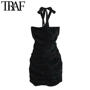 TRAF Donne Sexy Moda Drappeggiato Mini Halter Dress VIntage Indietro Fiocco Legato Cerniera Laterale Abiti Femminili Abiti Mujer 210415