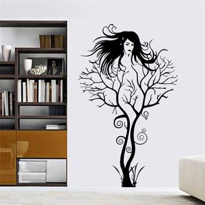 創造的なセクシーな女の子の妖精の枝の壁のデカール寝室の取り外し可能な家の装飾木のステッカーDIYビニールアートブラック210420