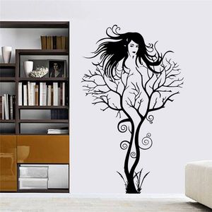 Kreative sexy Mädchen Fee Zweig Wandtattoos für Schlafzimmer abnehmbare Dekoration Baum Aufkleber DIY Vinyl Kunst schwarz 210420