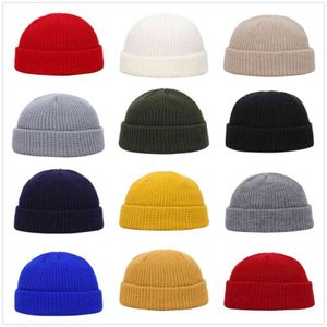 Winter Knit Mens Hat Skullcap Men Beanie Hat Winter Short Brimless Baggy Melon Cap Docker Fisherman Knitted Hat Women Z1212 Y21111