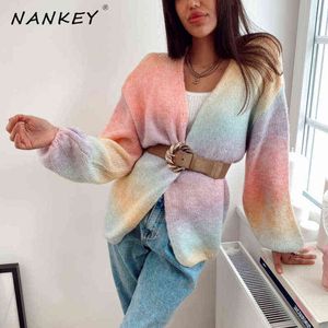 NANKEY Rainbow Gradient Einreiher Strickjacke Pullover Lose Gestrickte Jacke Übergroße Für Frau Winter Strickkleidung 210922