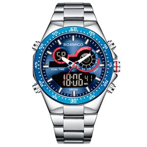 Мода мужские часы из нержавеющей стали спортивные аналоговые цифровые синие кварцевые автоматические часы мужской монр де Люкс