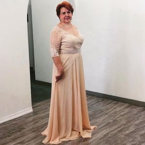 Chiffon-Kleider für die Brautmutter in Übergröße, A-Linie, Kristallgürtel, tiefer V-Ausschnitt, formelle Abendkleider mit 3/4 langen Ärmeln, Strandkleid für Hochzeitsgäste