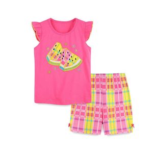 Jumping Meters Summer Kid Girls Outfit Cartoon Watermelon Infant Costume senza maniche Top Pant 2 pezzi Baby set Abbigliamento per bambini 210529