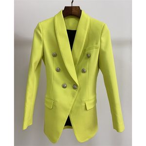 최고 품질 세련된 디자이너 블레이저 여성의 더블 브레스트 라이온 금속 버튼 긴 외부 재킷 노란색 210521