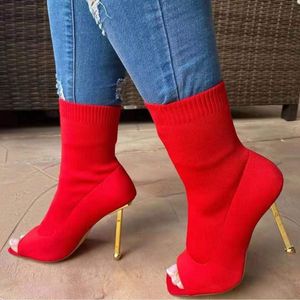Sandalen 2022 Ankunft Womens High Heel Stretch Knit Socken Stil Knöchelstiefel Sexy Oberschenkel über Knie Spitzer Slip On
