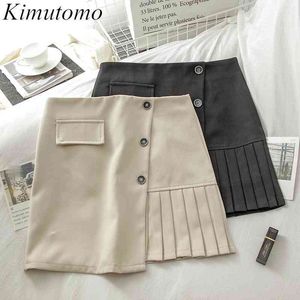 Kimutomo Oregelbundna Casual Mini Kjolar Flickor Vår Elegant Koreanska Högt midja Knappar A-Line Bodycon Skirt Femme 210521