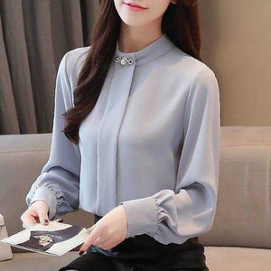 Elegante Langarm Chiffon Blusen Frauen Frühling Stehkragen Perle Dekor Büro Dame Hemd Große Größe Lose Laterne Tops 210526