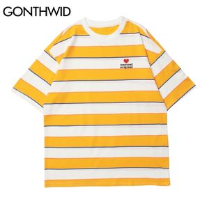 Gonthwid TShirtsストリートウェアヒップホップカラーストライプ夏ティーシャツ男性原宿ファッションカジュアルコットンルーズ半袖トップ210706