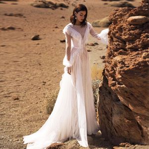 패션 Tassels Bohemian 웨딩 드레스 Bateau Neck Beach Bridal Gowns 긴 소매 라인 스윕 기차 룰 플러스 크기 Vestido de Novia