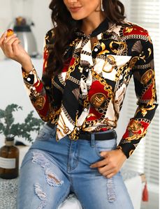 Luxury Floral Blouses Autumn Fashion Tops Long Sleeved Shirt Women Designer Tie Lapel Neck Blouse Spring Fall Chain Printed Shirts