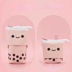 Cosmetic Bags Cases Canvas Retractable Pencil Bag Large Capacity Polka Dot Print Zip up Pen Pouch With Multi pockets Milk Tea Cup Shape