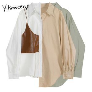 Yitimuceng Patchwork Asymmetrisk Blus Kvinnor Knappskjortor Lösa Spring Mode Kläder Långärmad Hals Tops 210601