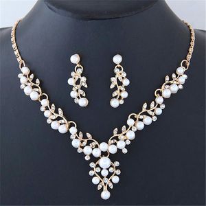 Örhängen Halsband Lyx Elegant Pearl Tree Leaf Brud Smycken Set Guld Silver Color Rhinestone Stud Sets för Kvinnor Bröllopsgåva