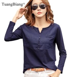 Jesień Kobieta Słodnia Bawełniana V-Neck Z Długim Rękawem Koszulka Kobiety Gem Guziki Navy Blue Tops Moda Szycie Różowa Pomarańczowa Koszula 210819