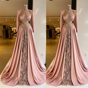 Pink High Neck Mermaid Prom Dresses Elegant Full Sleeve Party Dresses Lace Satin Floor Length Custom Made Evening Gown