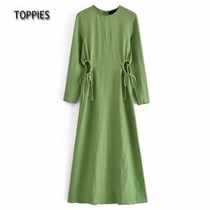 Abito in lino verde donna dritto maxi sexy scollato vestaglia femme estiva 210421