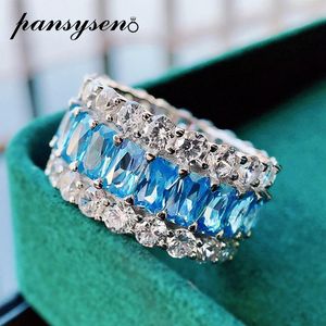 Ankomst Eternity Full Stones Finger Ringar för Kvinnor Män Solid 925 Sterling Silver Aquamarine Emerald Gemstone Ring Cluster