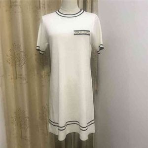 early spring new women's wear Pullover short sleeve round neck stripe chain slim fit medium and long knitted dress Clothing 60% off