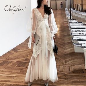 Summer Women Party Long Sleeve White Lace Mesh Evening Maxi Dress 210415