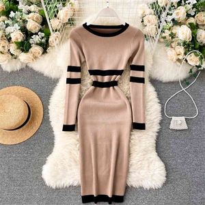 Elegant Color Match Striped Bodycon Slim Dress Women Autumn Winter Long Sleeve High Waist Elastic Office Work Pencil Dresses 210603