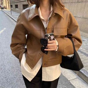 Spring Women Faux Leather Jacket Vintage Turn-down Collar Loose Street Outerwear Female Elegant PU Jackets 210430