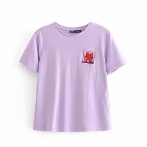 Mulheres moda bordado decoração casual t-shirt fêmea o pescoço manga curta básica roxo camiseta lazer tops t629 210420