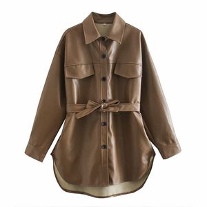Women Autumn PU Casual Shirts Jackets Coats Long Sleeve Sashes Bow Tie Female Fashion Street Loose Jacket Outerwear Clothes 210513
