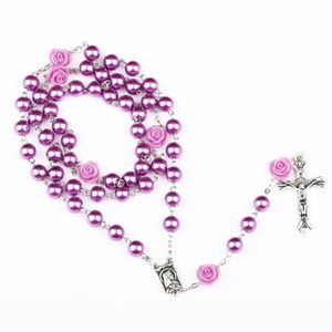 Hängsmycke Halsband Imatation Pärlor Pärlor Kedjor Långt uttalande Rosary Cross Catholic Bön Halsband för kvinnor Religiösa Smycken