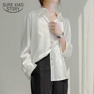 Herbst Langarm bestickte weiße Chiffon-Shirts Frauen einfache All-Match-Cardigan elegante OL Tops Chemisier Femme 11430 210528