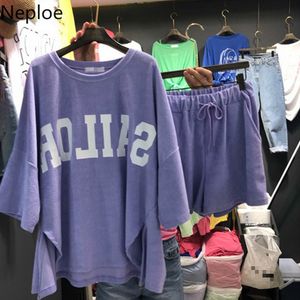 Neploe 2ピースセット女性用品プリントoネック半袖Tシャツ+レースアップストレッチハイウエストワイドレッグショートパンツファッションスーツ210423