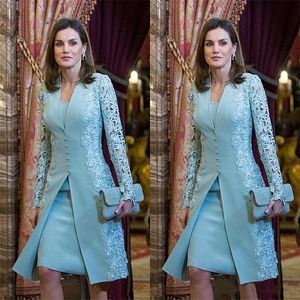 Light Sky Blue Elegant Lace Mother Of The Bride Dresses Suits With Long Jacket For Wedding Party Full Sleeves Sheath Knee Length Groom Mothers Evening Gowns Prom Dress