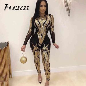 Sexig Sequin Jumpsuit Kvinnor Långärmad Bodycon Romper Sommar Höstfest Clubwear Glitter Playsuits Streetwear Macacao Feminino 210520