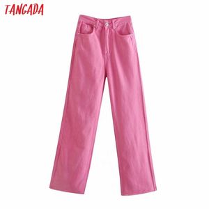 Fashion Women Summer Pink Denim Jeans Trousers High Waist Lady Wide Leg Pants Pantalon 4M137 210416