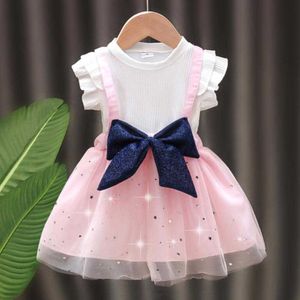 Autumn Winter Girl Knitted Dress Big Bowknot Star Shining Princess Children Kids Fake Two Piece Dress For Girls New Year Clothes Q0716