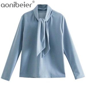 Elegant Women Solid Soft Shirts Fashion Ladies Stand Collar Cord Tops Sweet Female Chic Sky Blue Blouses Outwear 210604
