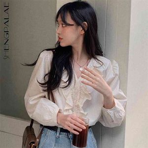 Wooden Ear Edge Patchwork Blouse Women's Spring V-neck Large Size Single Breasted Long Sleeve Shirt 5A1188 210427